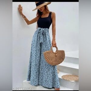 Shein Black Blue Polka Dot High Waist Wide Leg Jumpsuit Large L 12‎ 14 *no belt